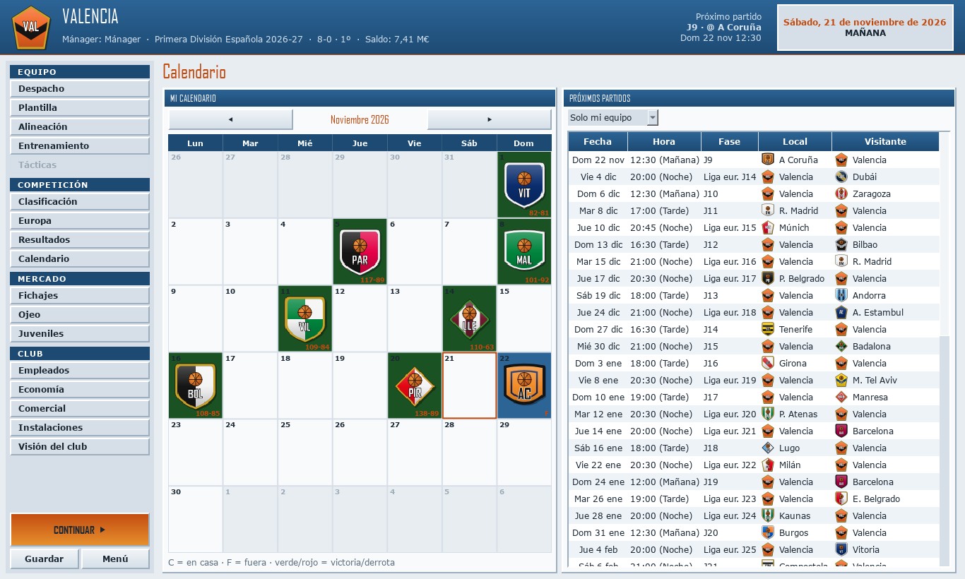Calendario de la temporada